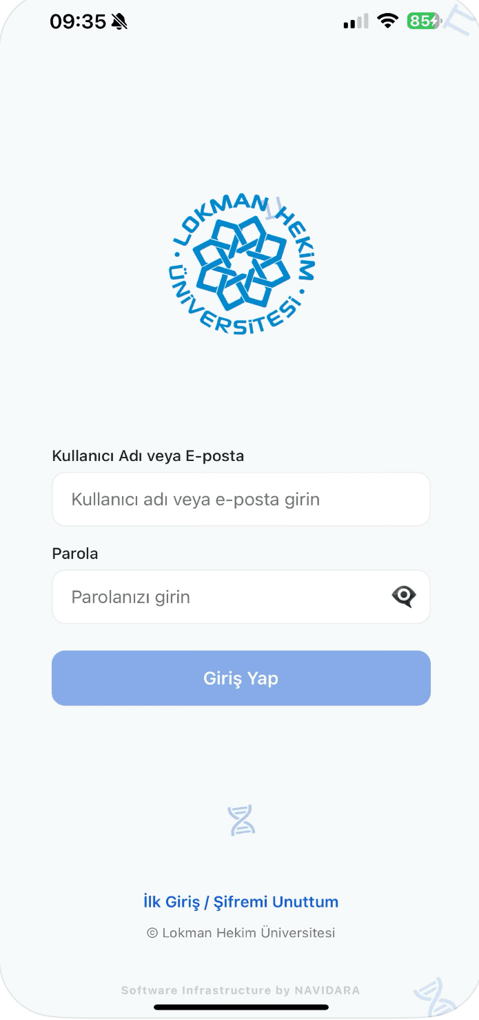 LHU Mobile giriş ekranı: kullanıcı adı veya e-posta, parola ve ilk giriş seçenekleri.